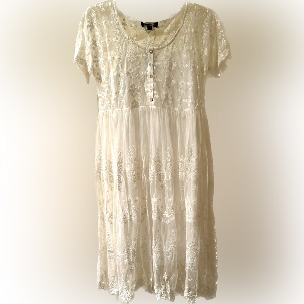 NWT Sheer White/Ivory Dress with knit under cami and mother of pearl buttons.